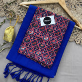 Royal Blue Handloom Khadi Cotton Saree With Brown Print Blouse